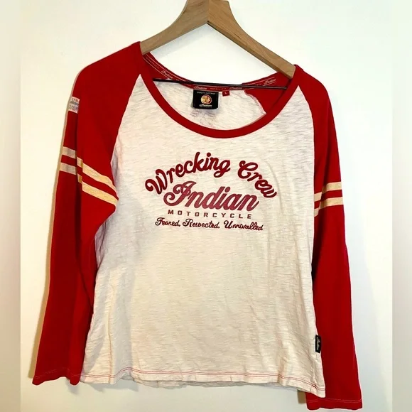 Genuine Indian Motorcycle Wrecking Crew Red/White Long Sleeve Size L Embroidered - Picture 1 of 12